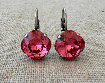Swarovski Crystal Dangling Earrings | 10mm Indian Pink Cushion Cut | Lever Back Drop Earrings  | E0017
