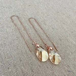 Swarovski Crystal Earrings , Champagne Sparkle Long Dangling Teardrop Threaders , Golden Shadow Tear Thread Earrings , Gold Rose Gold Silver