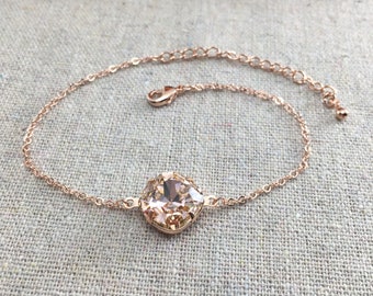 Swarovski Crystal Bracelet, 12mm Cushion Cut Bridal Bracelet, Rose Gold Chain Adjustable Bracelet, Wedding Jewelry, Bridesmaids Gifts
