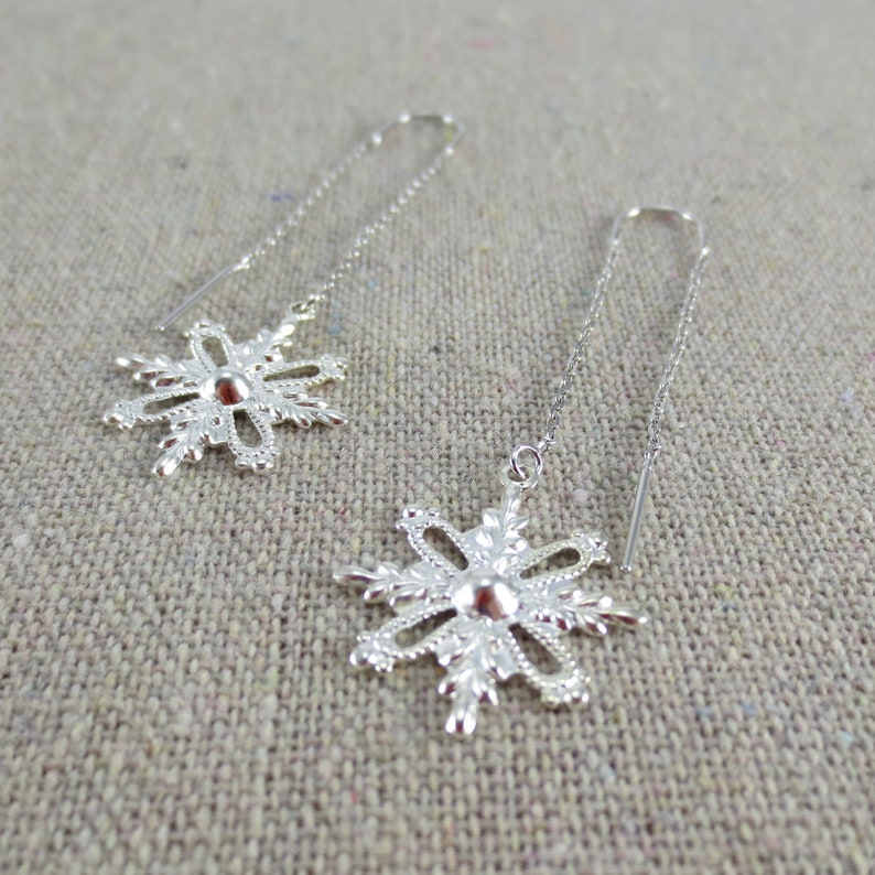 Delicate Snowflake Threader Earrings, Silver Gold or Rose Gold Threader Earrings, Bridesmaid Gifts, Christmas Winter Wedding image 3