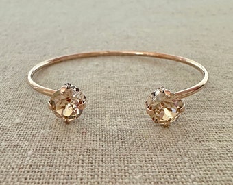 Swarovski Crystal Open Cuff Bracelet, 8mm Xirius Brilliant Champagne Bangle, Rose Gold Silver Gold, Adjustable Cuff, Simple Bridal Bracelet