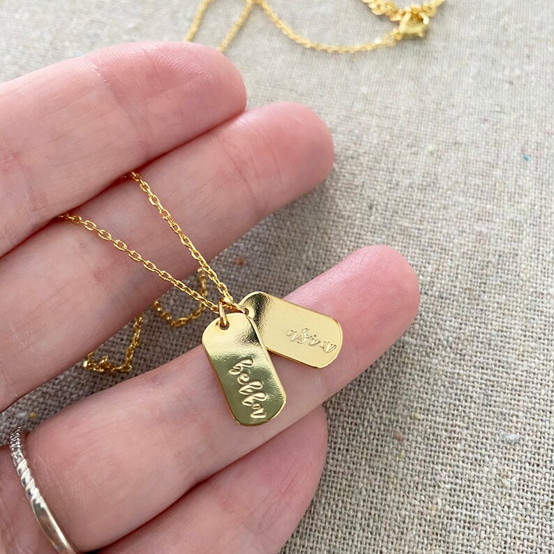Mini Dog Tag Necklace 14k Gold Plated Personalized Hand Etsy