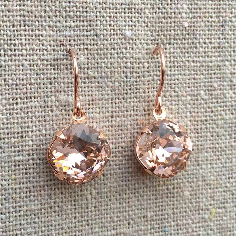 Swarovski Crystal Blush Pink Cushion Cut Rose Gold Dangling Bridal Earrings Bridesmaids Gifts Wedding Jewelry Brides Faux Morganite Earrings image 4