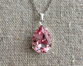 Swarovski Crystal Pendant Necklace | 14x10mm Light Rose Pear | Adjustable Length | N0051