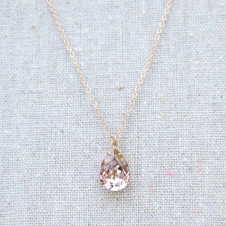 Swarovski Blush Pink Teardrop Crystal Rose Gold Necklace, Simple Pear Vintage Rose Bridal Jewelry, Wedding Bridesmaids Gifts, Tear Pendant image 7