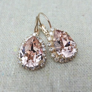 Swarovski Crystal Earrings, Blush Pink Pear Crystal Halo Leverbacks, Teardrop Dangling Bridal, 14k Rose Gold Silver, Bridesmaid Gifts