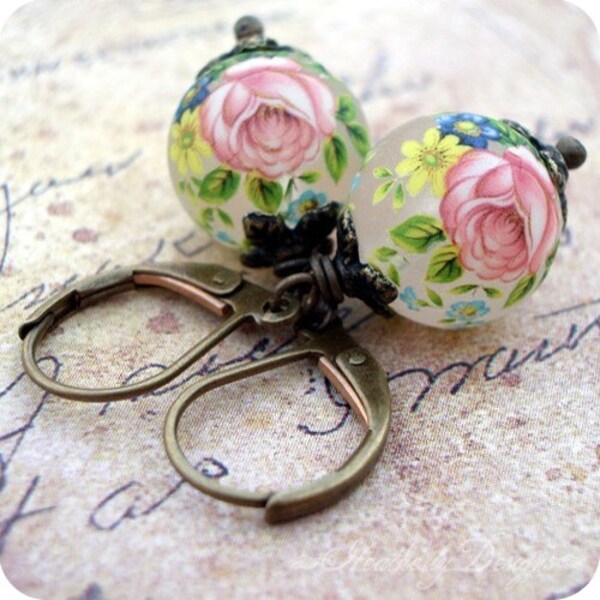 Breakfast Rose: floral tensha bead and aged brass victorian style dangling earrings