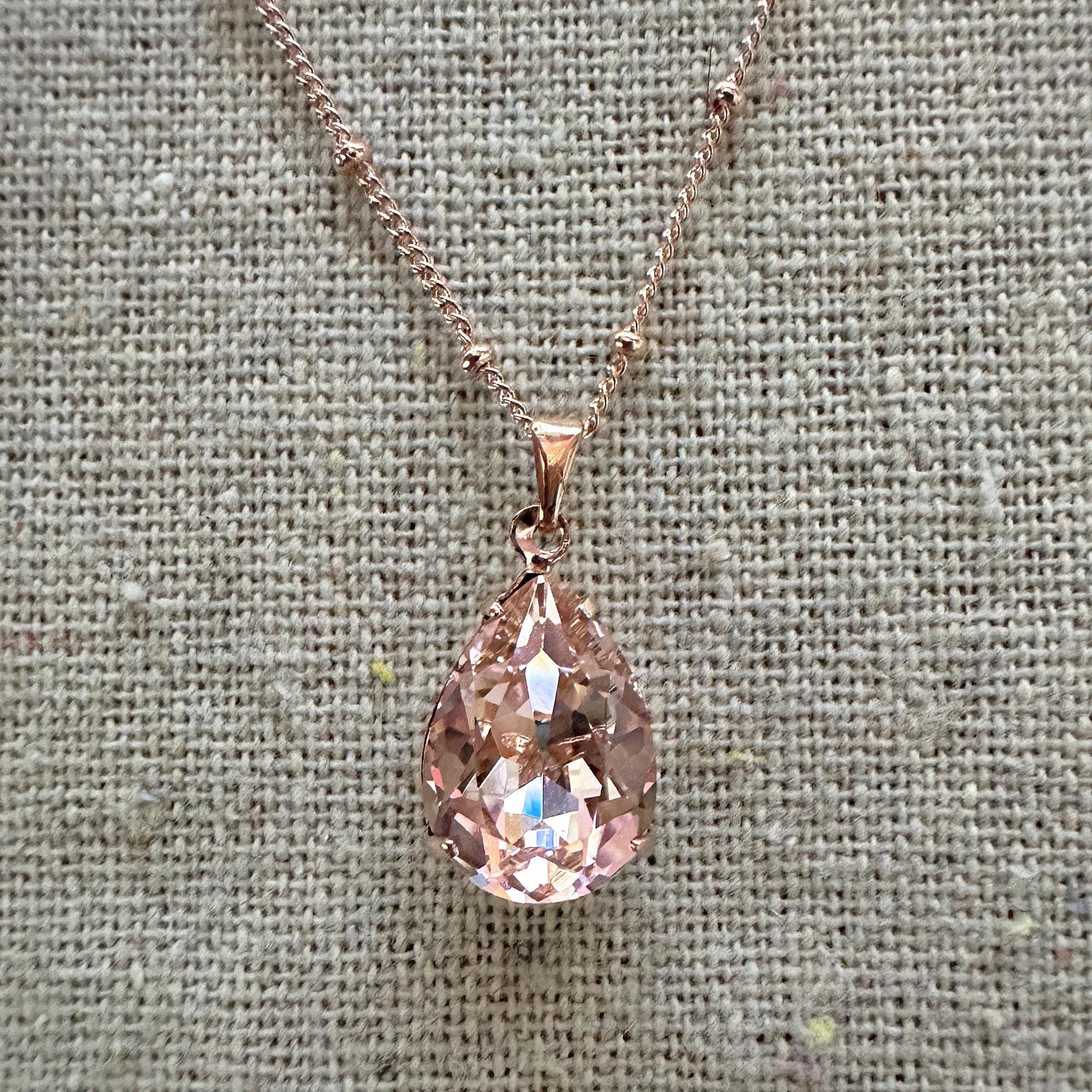 Swarovski Crystal Pendant Necklace 14x10mm Vintage Rose Pear Adjustable Length N0456
