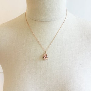 Swarovski Crystal Blush Pink Faux Diamond Halo Teardrop Pendant Rose Gold Bridal Necklace Morganite Wedding Jewelry Bridesmaids Gifts image 3