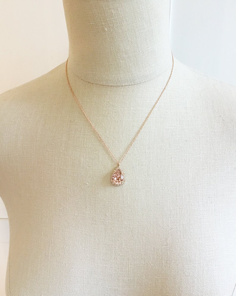 Swarovski Crystal Blush Pink Faux Diamond Halo Teardrop Pendant Rose Gold Bridal Necklace Morganite Wedding Jewelry Bridesmaids Gifts image 3