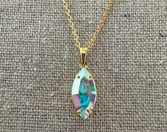 Swarovski Crystal Pendant Necklace | 15x7mm Crystal AB Marquise | Adjustable Length | N0404