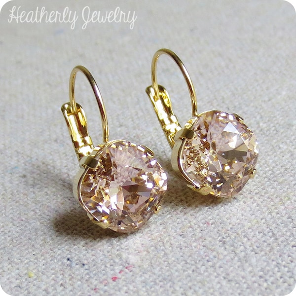 Swarovski Crystal Leverback Dangling Earrings, 10mm Cushion Cut Square Vintage Rose, 14k Gold Rose Gold Silver, Bridal Wedding Bridesmaids