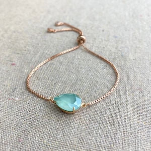 Mint Crystal Bracelet • Slider Bolo Clasp • Pear Rhinestone Bracelet • Bridesmaid Jewelry Gift • Dainty Box Chain • Gold, Rose Gold, Silver