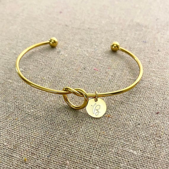 Initial Charm Love Knot Cuff Bracelet | Gold, Rose Gold or Silver Plated Stainless Steel | B0262