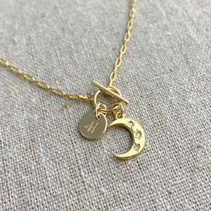 Dainty Drawn Chain Necklace • Front Toggle Clasp • Micropave Crescent Moon • Script Initial Coin Charm • 18k Gold Plated • Monogram Charm