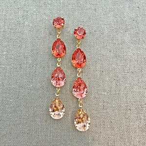 Swarovski Crystal Earrings, Long Stiletto Coral Ombre Drop Earrings, Xirius Chaton & Pear Cut, Padparadscha Rose Peach, Gold Plated