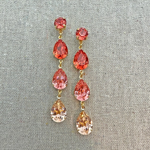 Swarovski Crystal Earrings, Long Stiletto Coral Ombre Drop Earrings, Xirius Chaton & Pear Cut, Padparadscha Rose Peach, Gold Plated