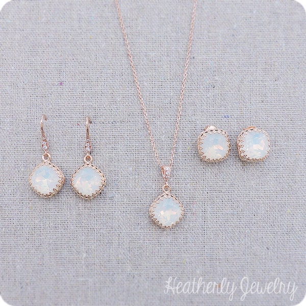 Swarovski Crystal White Opal Rose Gold Crown Post Dangling Earrings Cushion Cut Square Bridal Wedding Jewelry Necklace Set Bridesmaids Gifts