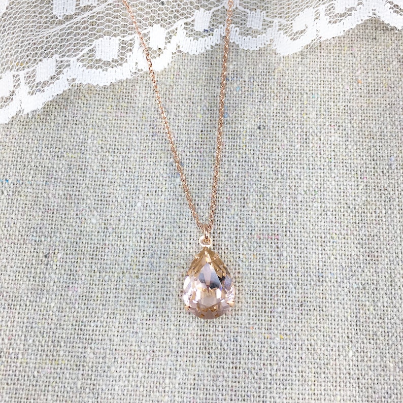 Swarovski Blush Pink Teardrop Crystal Rose Gold Necklace, Simple Pear Vintage Rose Bridal Jewelry, Wedding Bridesmaids Gifts, Tear Pendant image 10