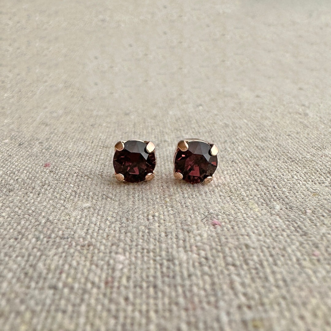 Swarovski Crystal Rose Gold Post Earrings, Xirius 6mm Burgundy Studs, Small Chaton Wine Maroon