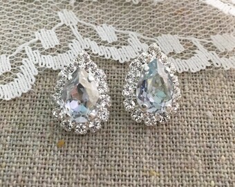 Swarovski Crystal Stud Earrings | 10x7mm Blue Shade Pears with Halo | Surgical Steel Posts | E0115