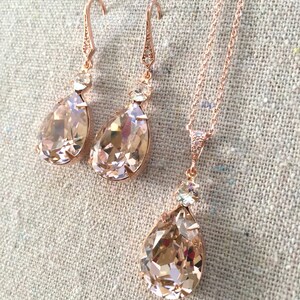 Swarovski Crystal Vintage Rose Rose Gold Earrings Necklace Set Pavé Detail Bridal Wedding Jewelry Necklace Set Bridesmaids Gifts Blush Pink image 5