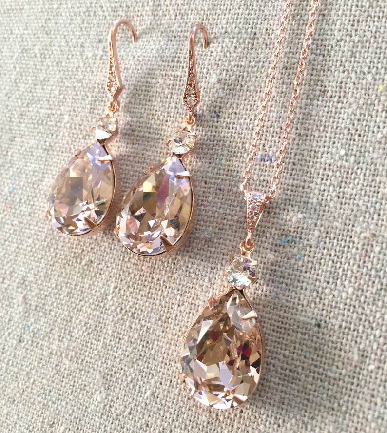 Swarovski Crystal Vintage Rose Rose Gold Earrings Necklace Set Pavé Detail Bridal Wedding Jewelry Necklace Set Bridesmaids Gifts Blush Pink image 5