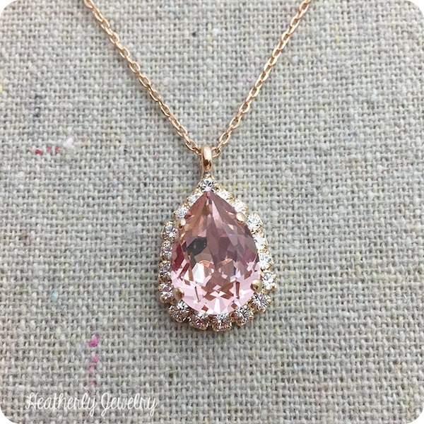 Swarovski Crystal Blush Pink Faux Diamond Halo Teardrop Pendant Rose Gold Bridal Necklace Morganite Wedding Jewelry Bridesmaids Gifts