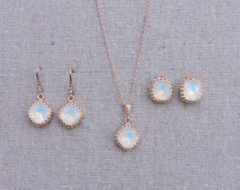 Swarovski Crystal Crown Jewelry Set | 12mm White Opal Cushions | Dangling or Post Earrings & Adjustable Necklace | E0028 / E0071 / N0072