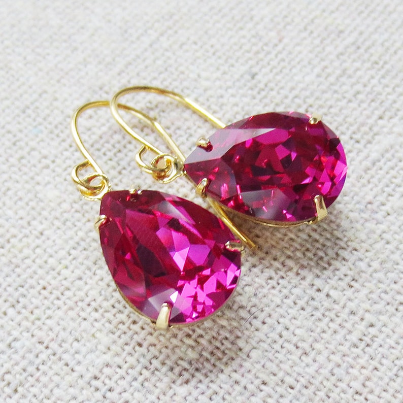 Swarovski Fuchsia Teardrop Crystal Rose Gold Necklace Dangling Etsy