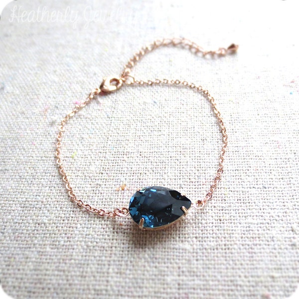 Swarovski Crystal Dark Navy Blue Bridal Rose Gold Bracelet, Delicate Adjustable Chain, Custom Wedding Jewelry, Bridesmaids Proposal Gifts