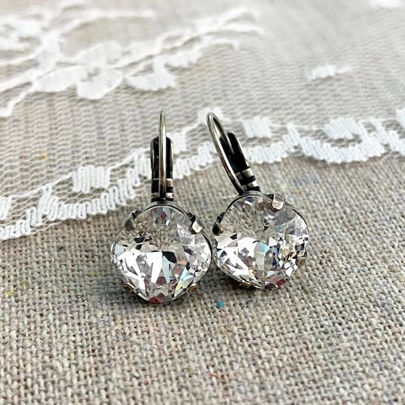 Swarovski Crystal Leverback Dangling Earrings 10mm Cushion Cut