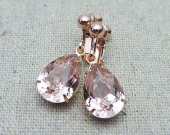 Swarovski Crystal Dangling Clip On Earrings | 14x10mm Vintage Rose Pears | Non-pierced Drops | E0075