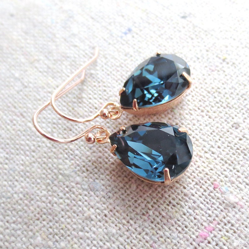 Montana Swarovski Crystal Pear Dangling Earrings, Gold Rose Gold Silver, Wedding Bridesmaids Personalized Gifts, Navy Blue Drop Earrings image 5