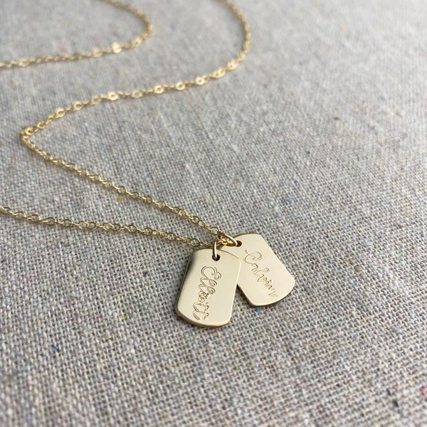 Mini Dog Tag Necklace • 14k Gold Filled •  Personalized Hand Stamped Name • Cursive Monogram Initial • Custom Gift for Moms • Brushed Script