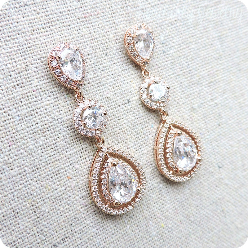 Cubic Zirconia Pavé Rose Gold Extra Long Dangling Bridal Post Earrings, Faux White Diamond Halo Wedding Jewelry, Surgical Steel Posts