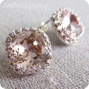 Swarovski Crystal Crown Post Earrings, Blush Pink Cushion Cut Square, Silver, Bridal Jewelry, Bridesmaids Gifts, Light Pale Rose