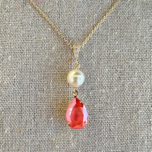 Swarovski Crystal Necklace, Light Coral Pear & Cream Crystal Pearl Pendant, Gold Rose Gold Silver, Bridesmaids Gifts, Customizable Colors