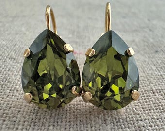Swarovski Crystal Dangling Earrings | 14x10 Olivine Pears | Lever Back Drop Earrings | E0215
