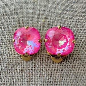 Swarovski Crystal Clip On Earrings | 10mm Ultra Pink AB Cushions | Non-pierced Studs | E0455