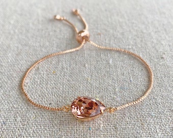 Swarovski Crystal Blush Rose Bracelet, Dusty Rose Bridal Bracelet, Rose Gold Chain Adjustable Bracelet, Wedding Jewelry, Bridesmaids Gifts