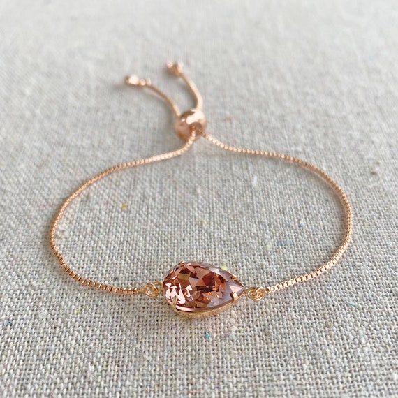 Swarovski Crystal Solitaire Bracelet | 14x10mm Blush Rose Pear | Silicone Sliding Easy-on Clasp | B0165