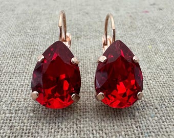 Swarovski Crystal Dangling Earrings | 14x10 Light Siam Pears | Lever Back Drop Earrings | E0215