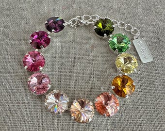 Swarovski Crystal Tennis Bracelet | 12mm Tropical Paradise Rivoli Chatons | Adjustable Statement Bracelet | B0069