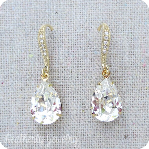 Swarovski Crystal Earrings, Crystal Drop Dangling, Inlaid Pave Cubic Zirconia, Silver Rose Gold, Bridal Wedding Teardrops, Custom Color