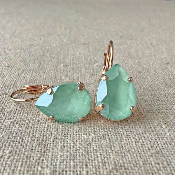 Swarovski Crystal Earrings, 14x10mm Pear Cut Mint Green Leverbacks, Dangling Drop Bridal, Teardrop Bridesmaids Gifts, Gold Rose Gold Silver