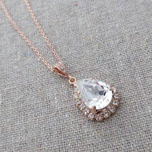 Swarovski Crystal Faux Diamond Halo Teardrop Pendant Pave Rose Gold Bridal Necklace Morganite Wedding Jewelry Bridesmaids Proposal Ask Gifts image 6