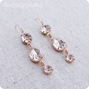 Swarovski Crystal Blush Pink Teardrop Simple Delicate Dangling Morganite Rose Gold Bridal Earrings Wedding Jewelry Bridesmaids Gifts image 1