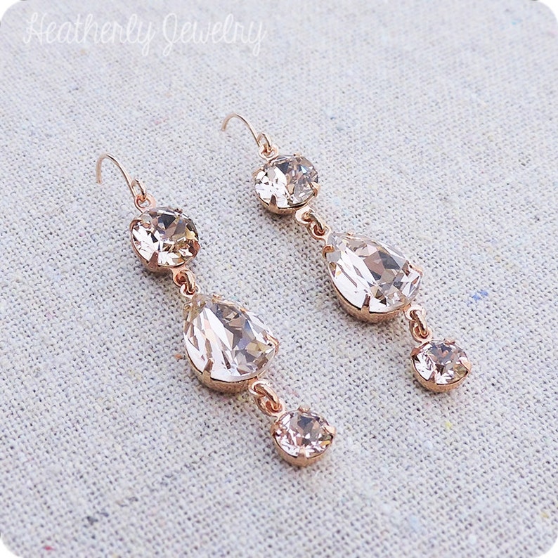 Swarovski Crystal Blush Pink Teardrop Simple Delicate Dangling Morganite Rose Gold Bridal Earrings Wedding Jewelry Bridesmaids Gifts image 1