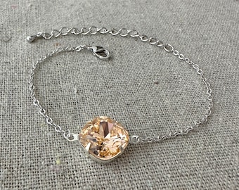 Swarovski Crystal Bracelet, Light Peach Cushion Cut Bridal Bracelet, Rose Gold Chain Adjustable Bracelet, Wedding Jewelry, Bridesmaids Gifts